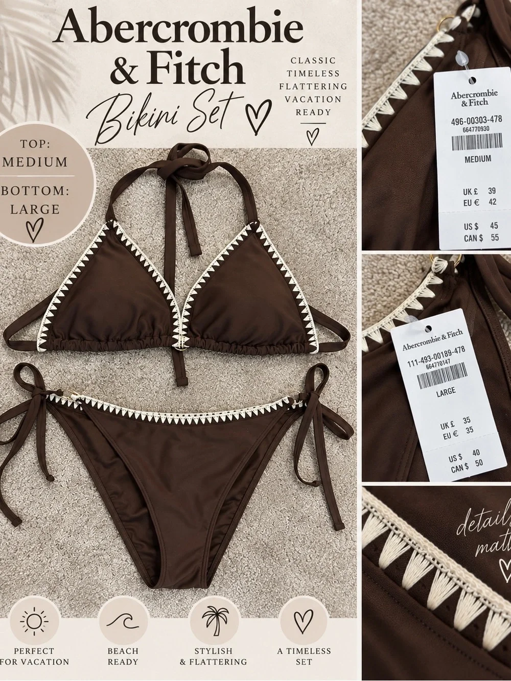 Abercrombie & Fitch Brown Bikini Set with White Crochet Trim